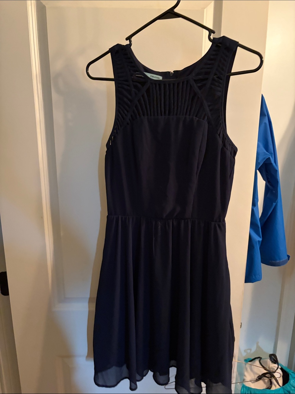 Women's Navy Sleeveless Mini Dress with Detailed Sheer Yoke